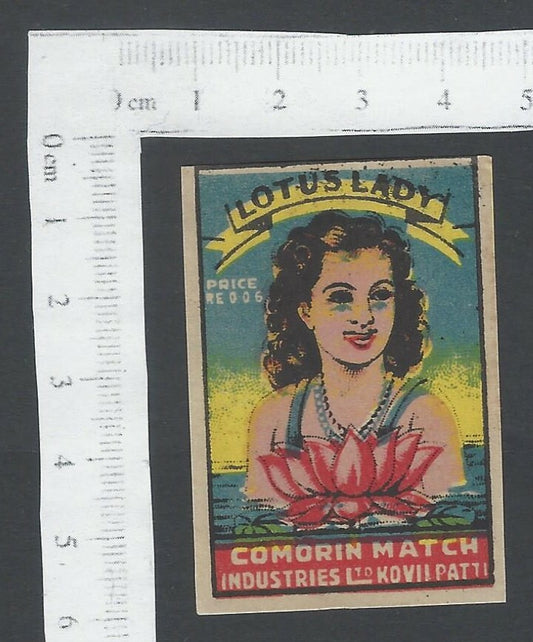 India vintage matchbox label LOTUS LADY by Comorin Match 