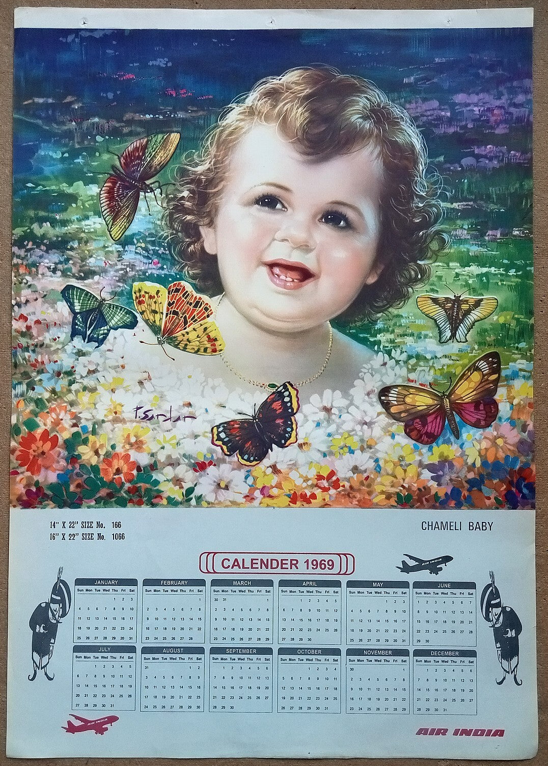 AIR INDIA 1969 poster calender 1066 - CHAMELI BABY - ARTIST : P. SARDAR - R