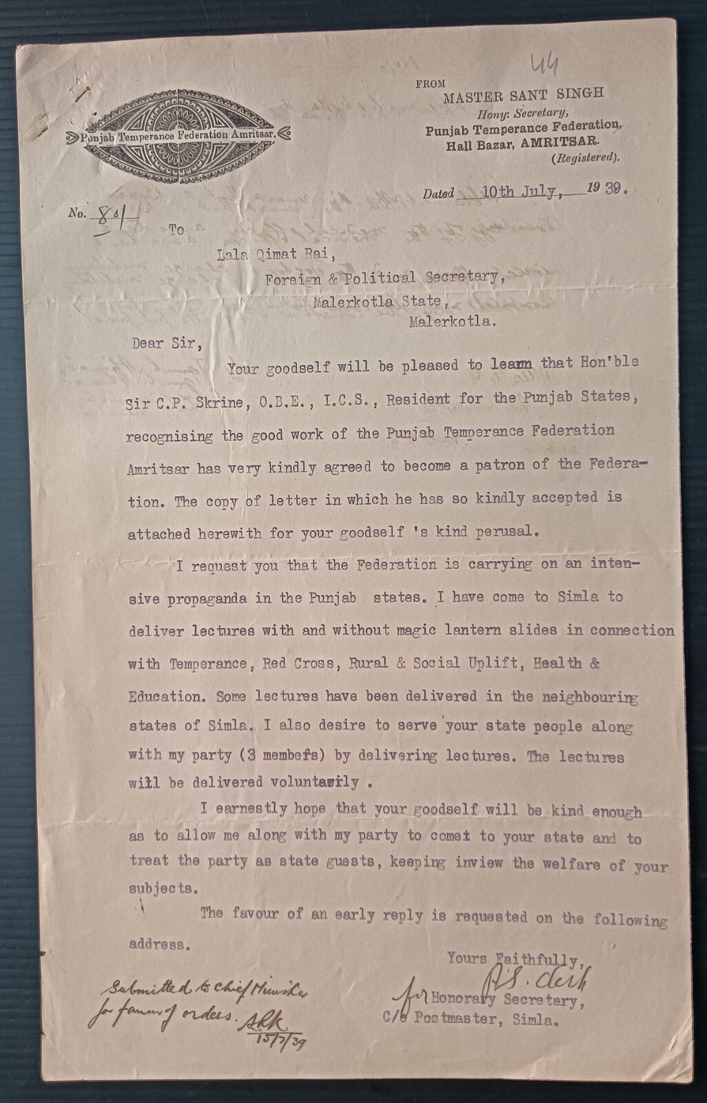 India PUNJAB TEMPERANCE FEDERATION, Amritsar letterhead used 1939