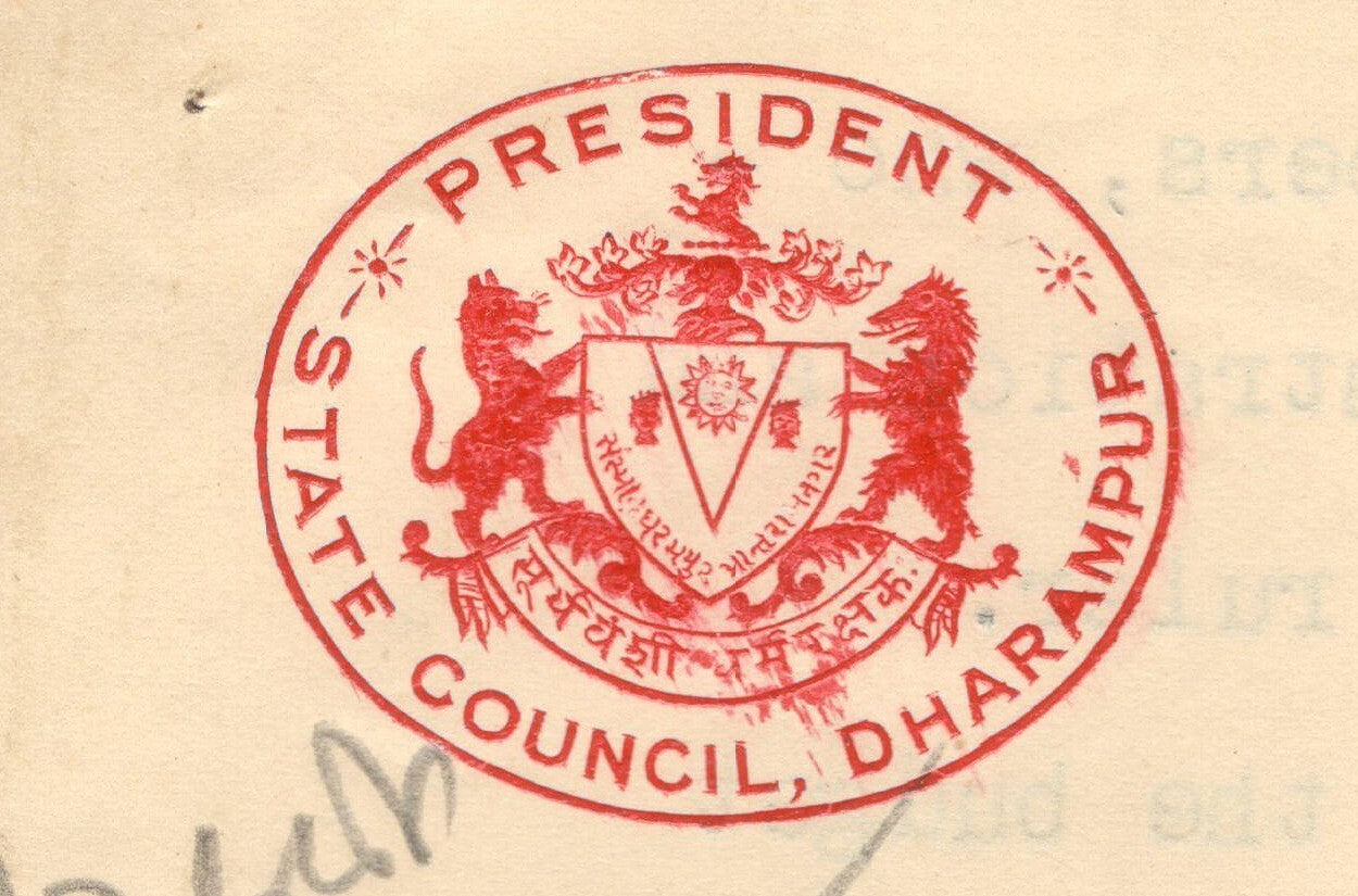 India 1943 crested letter PRESIDENT * STATE COUNCIL, DHARAMPUR