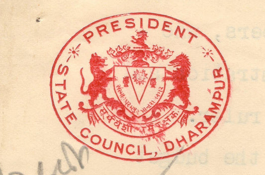 India 1943 crested letter PRESIDENT * STATE COUNCIL, DHARAMPUR