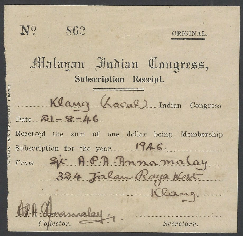 Malayan Indian Congress 1946 Subscription receipt