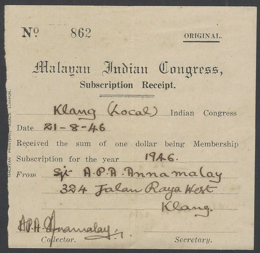 Malayan Indian Congress 1946 Subscription receipt