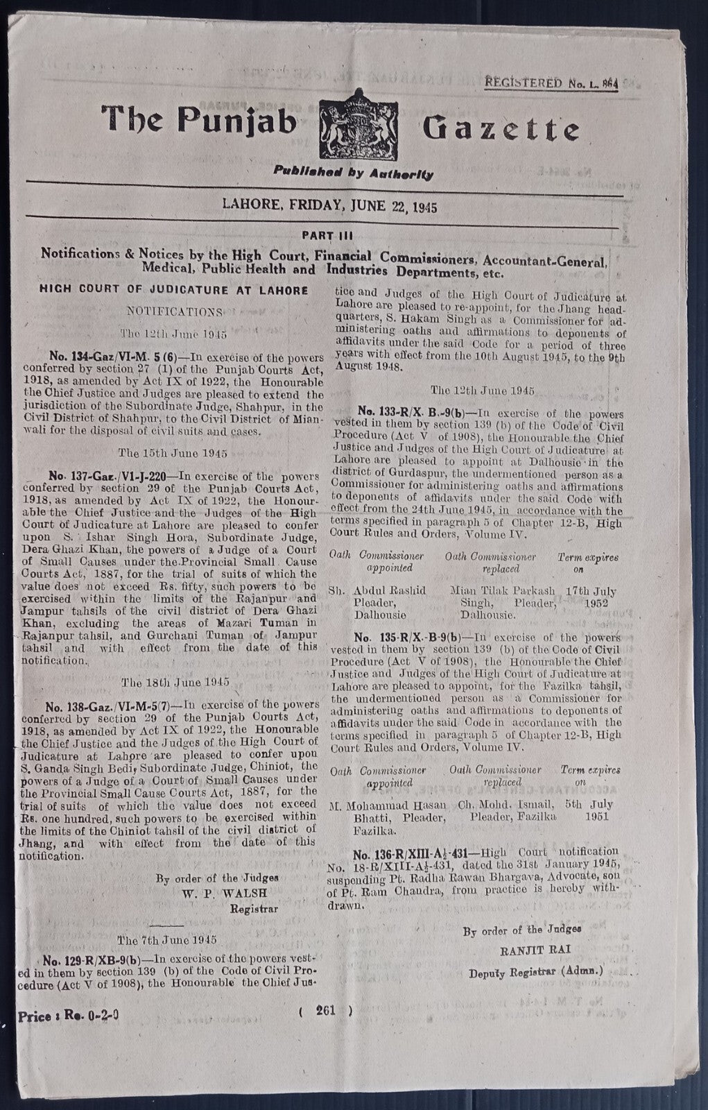 THE PUNJAB GAZETTE, Lahore, India June 22, 1945 issue -10 pages