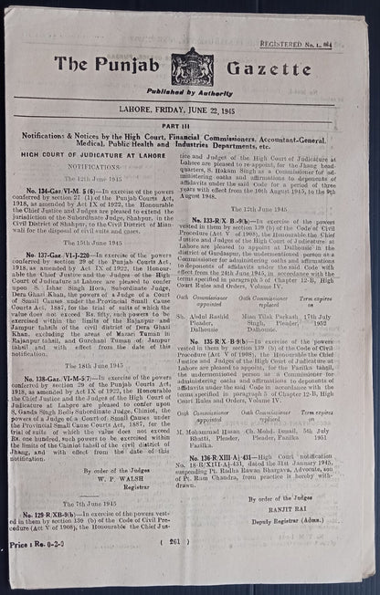 THE PUNJAB GAZETTE, Lahore, India June 22, 1945 issue -10 pages
