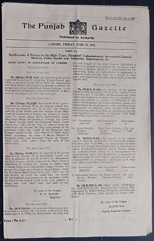 THE PUNJAB GAZETTE, Lahore, India June 22, 1945 issue -10 pages