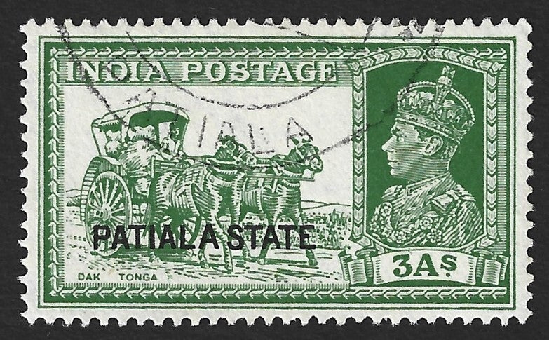 India Patiala State KGVI 1937-38 3a yellow green used SG86 £20
