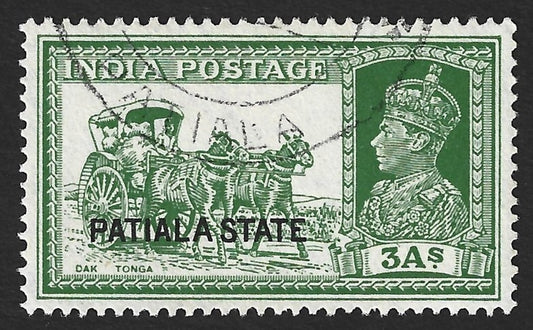 India Patiala State KGVI 1937-38 3a yellow green used SG86 £20