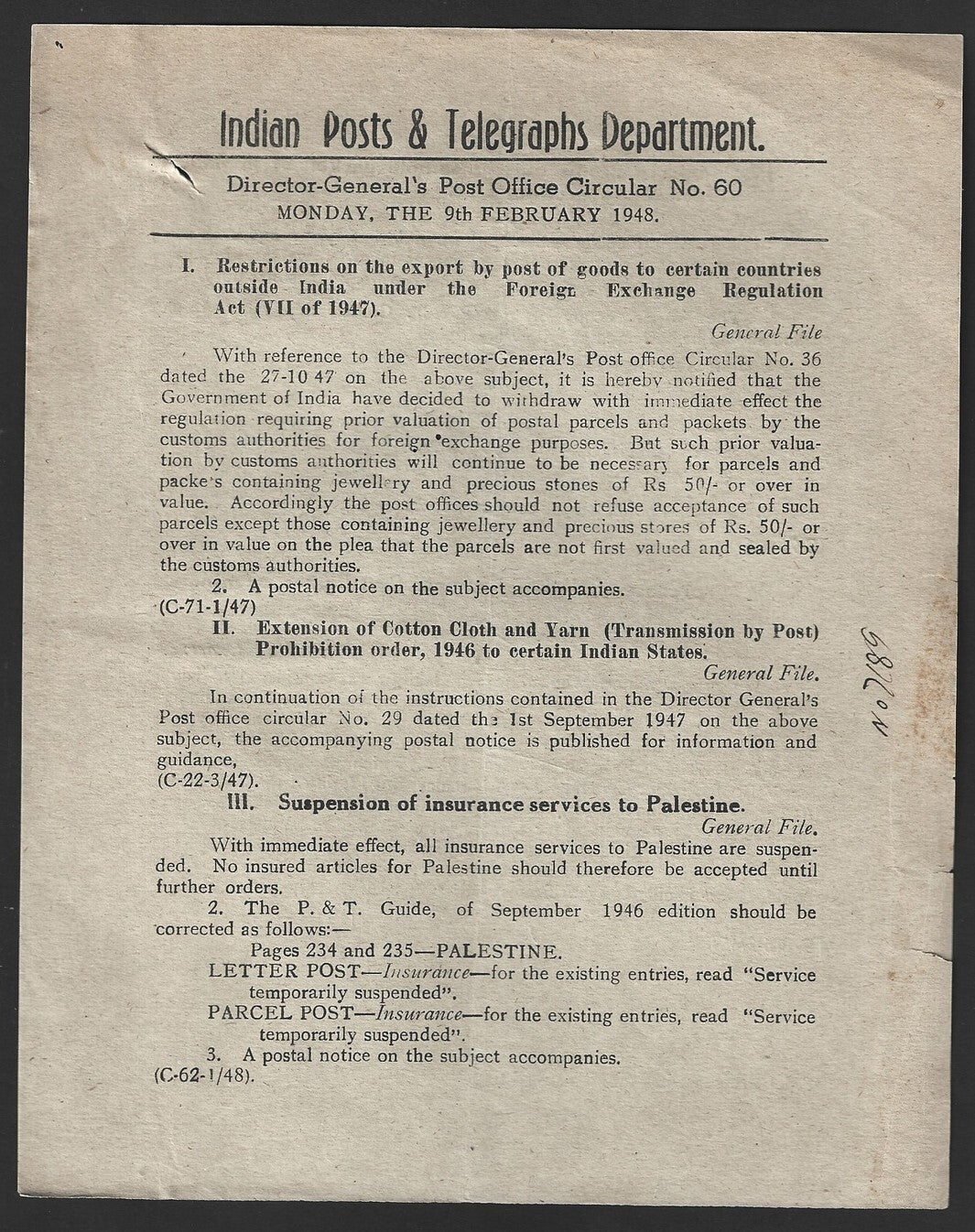 India POSTAL NOTICE #59 16 Feb 1948 Foreign Postal Parcel Restriction + CIRCULAR