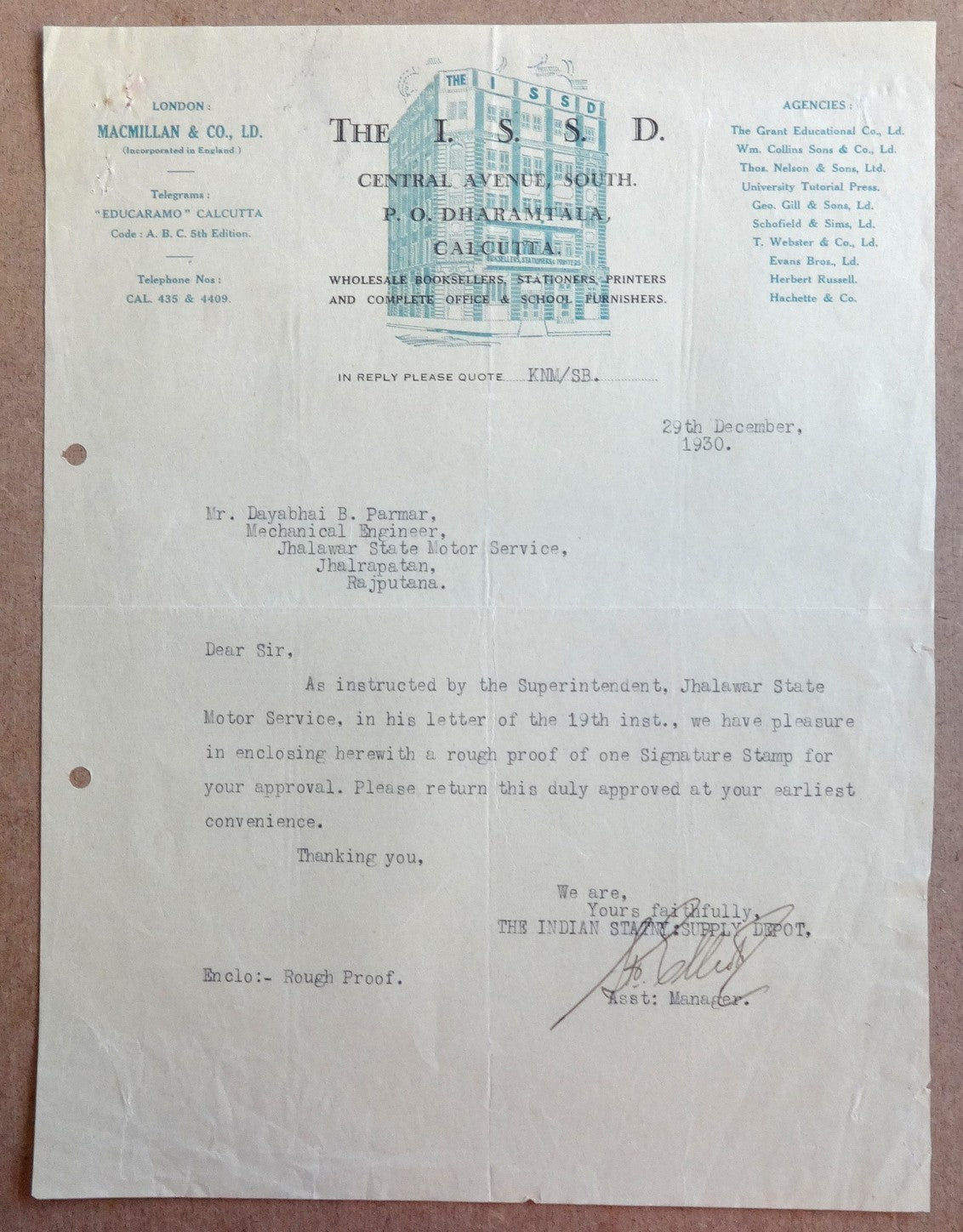 India 1930 The I.S.S.D. bookseller Calcutta pictorial Letterhead