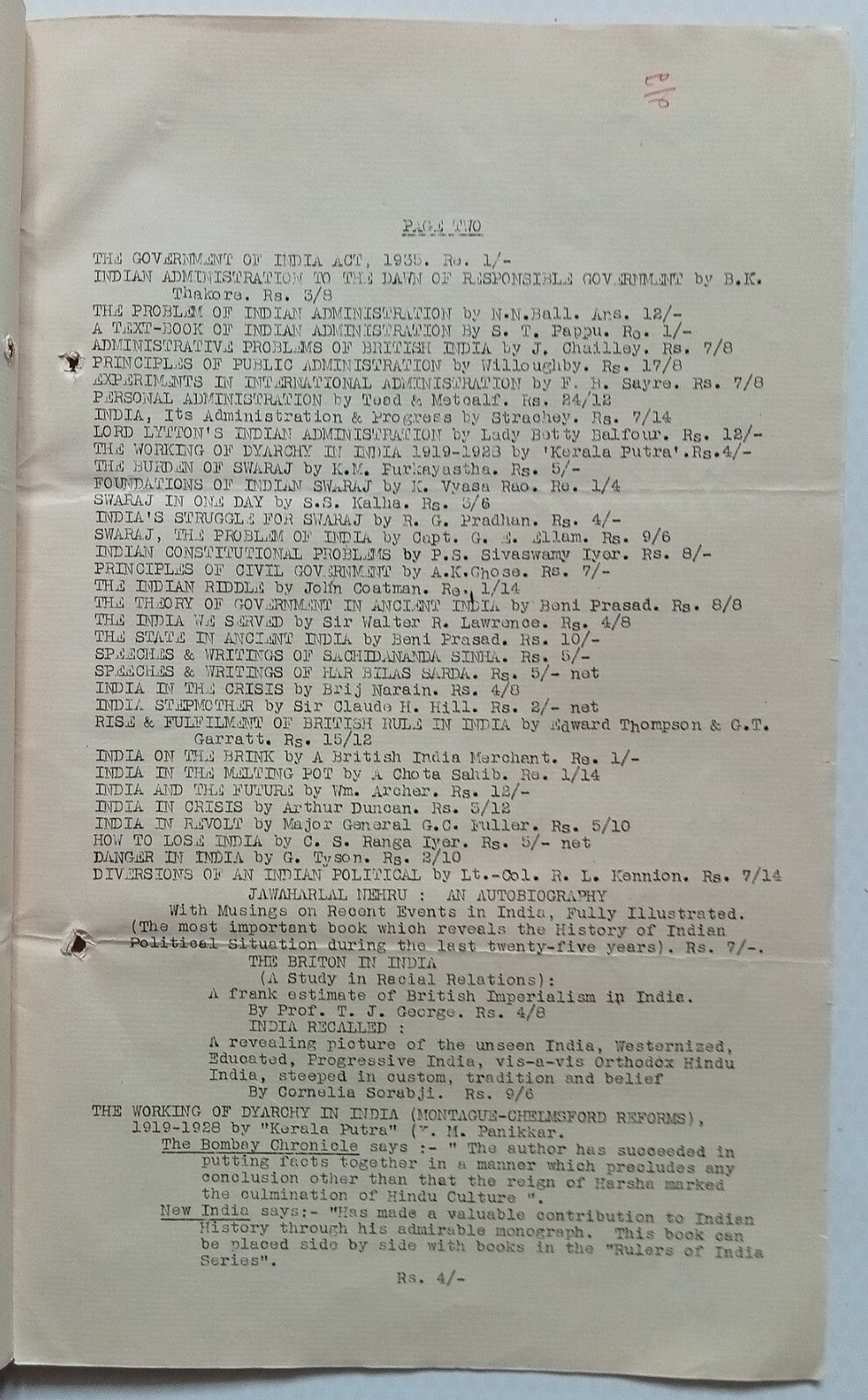 India Taraporewala, Bombay 1938 list of books on Federation, Constitution, etc.