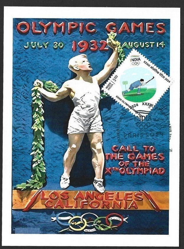 India 2024 Paris Olympics maxi card with 1932 Las Angeles, UK Olympics cachet
