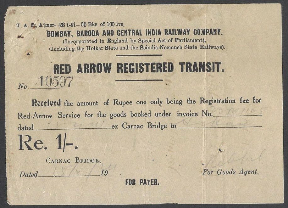 AOPIMT India BB&CI Bombay, Baroda & Central India Railway RED ARROW SERVICE