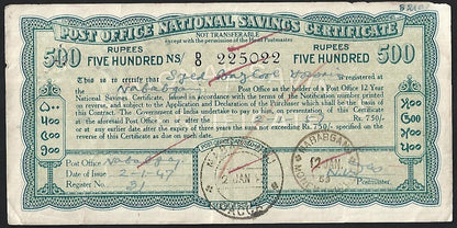 India 1943 issue Post Office National Savings Certificate 500R
