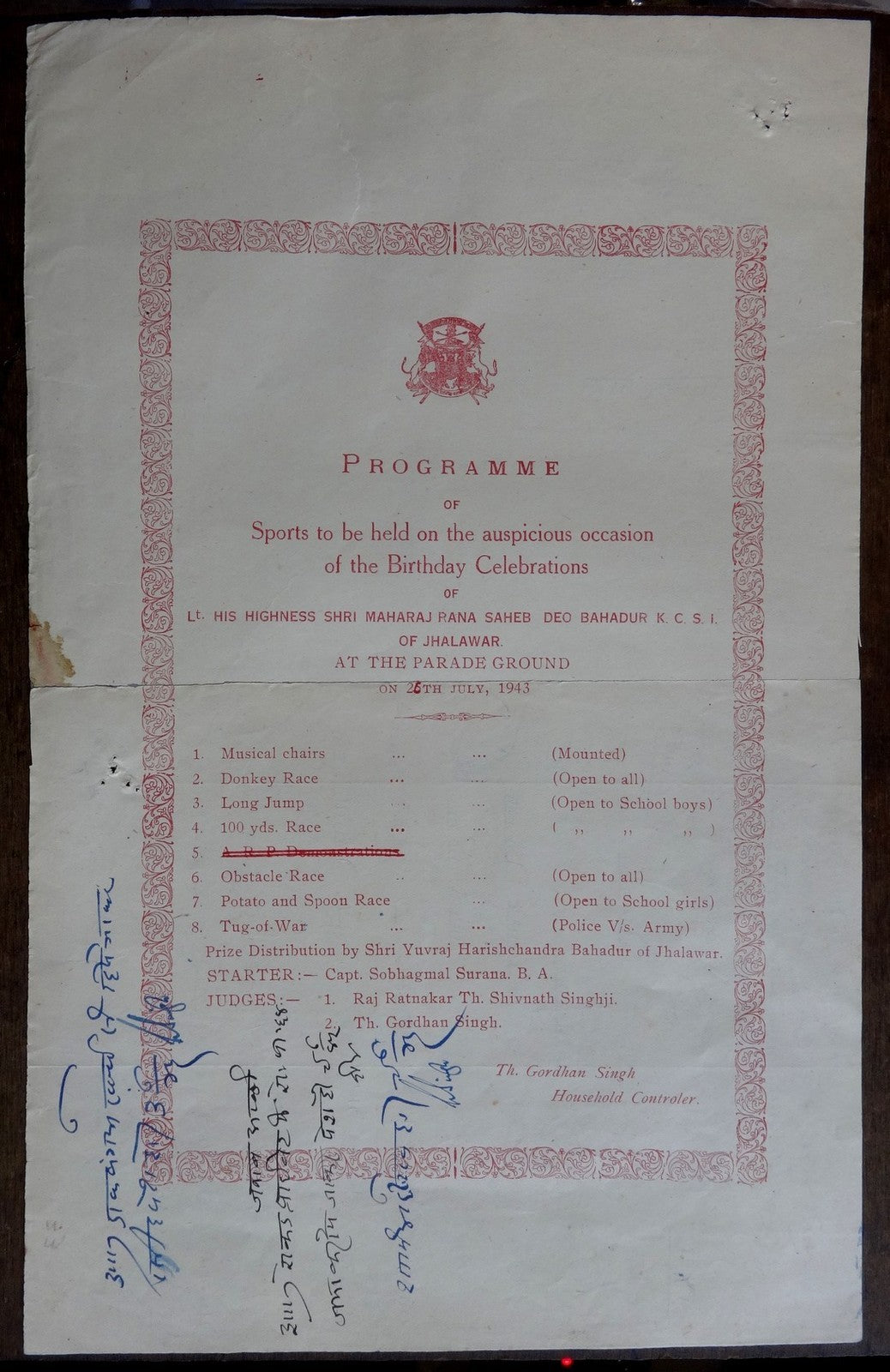 India 1943 program Sports Meet on Maharaja Jhalawar’s Birthday
