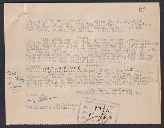 India 1941 LOOKOUT NOTICE Delhi Conspiracy Case