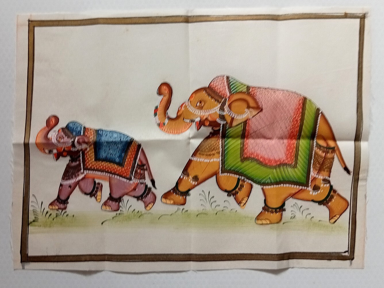 India vintage hand painting on cloth BABY ELEPHANT & MOTHER 9 x 13 inches