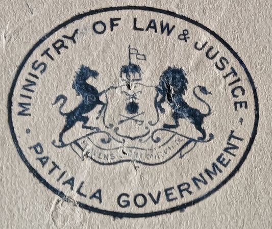 India PATIALA STATE MINISTRY OF LAW 1938 crested letter re: Smuggling Opium