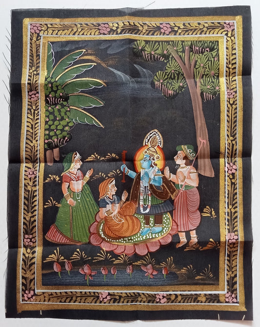 India vintage hand painting on cloth RADHA, KRISHNA & BALRAM 9 x 12 inches