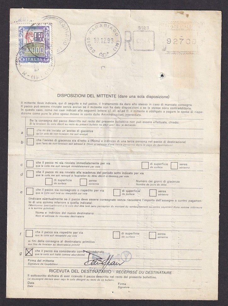 Italy black Citis/TAE/EMS “PT3” meter 92700 Lire on 1993 parcel card to India
