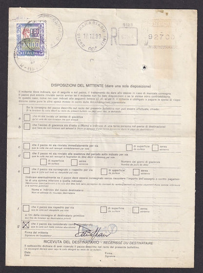 Italy black Citis/TAE/EMS “PT3” meter 92700 Lire on 1993 parcel card to India