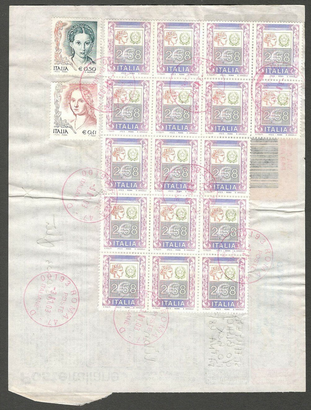 AOP Italy parcel card to India with 2002 numerals Є2.58 x 17 etc.