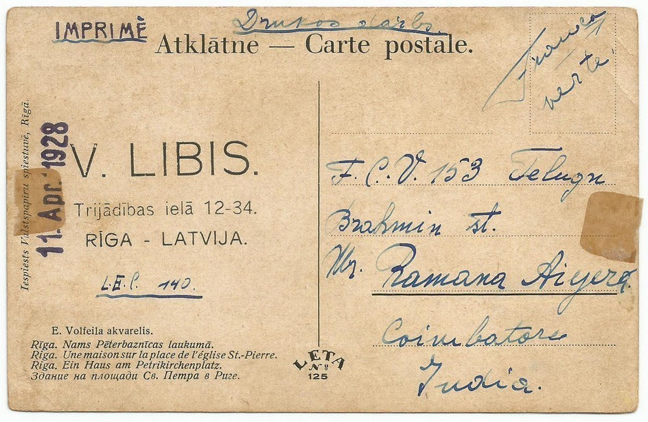 Latvia Latvija 1928 postcard to India