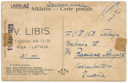 Latvia Latvija 1928 postcard to India