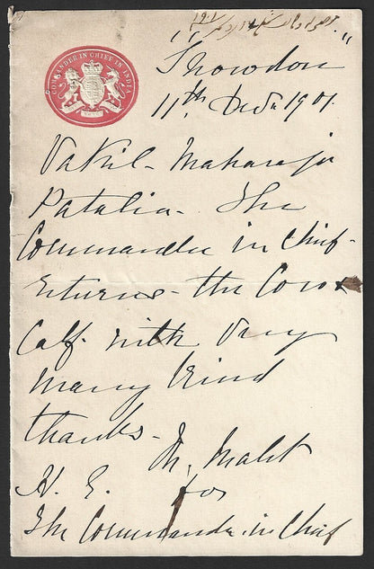 India COMMANDER IN CHIEF 1901 crested letter