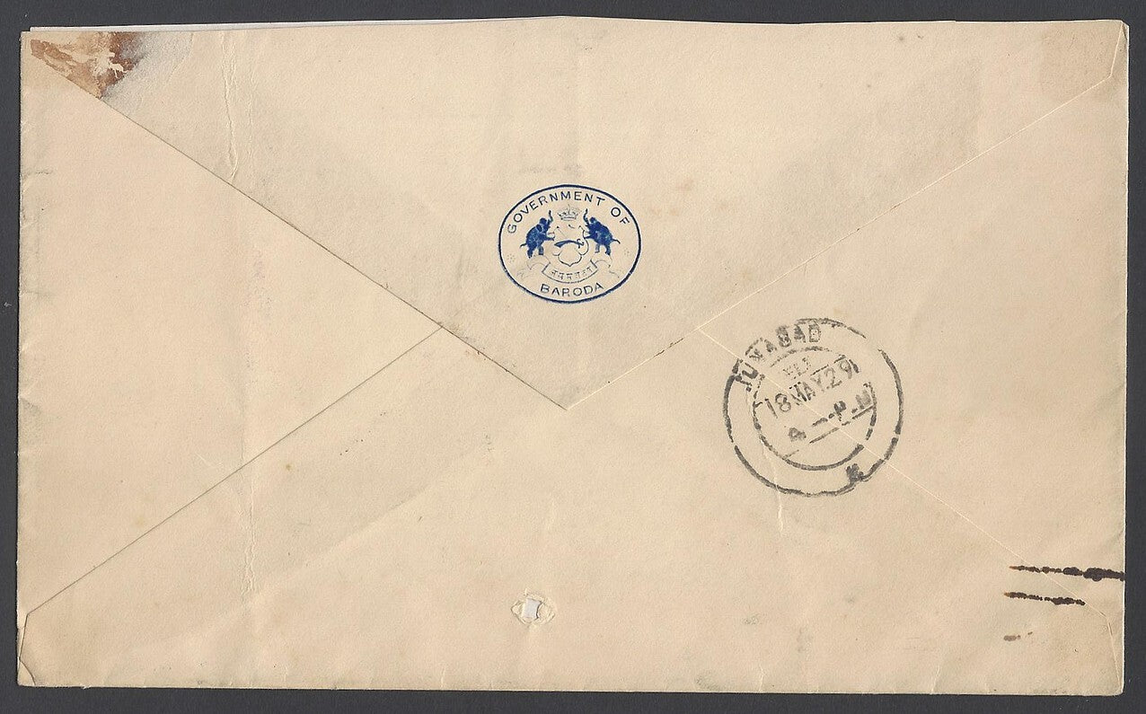 AOP India Baroda State Service crested cover used 1929 to Dewan of Jungadh
