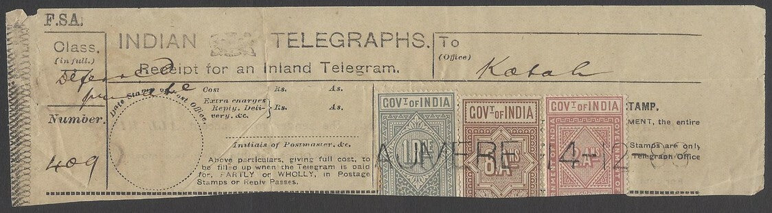 AOPIMT India QV 1890 Telegraphs 3v on receipt used AJMERE 1888 !!!