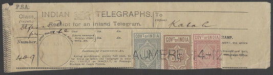 AOPIMT India QV 1890 Telegraphs 3v on receipt used AJMERE 1888 !!!