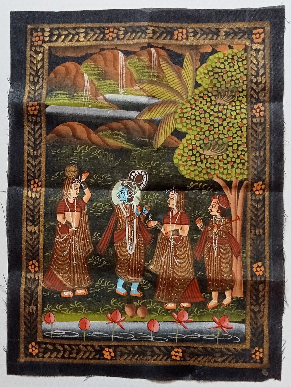 India vintage hand painting on cloth RADHA & KRISHNA 9 x 12 inches