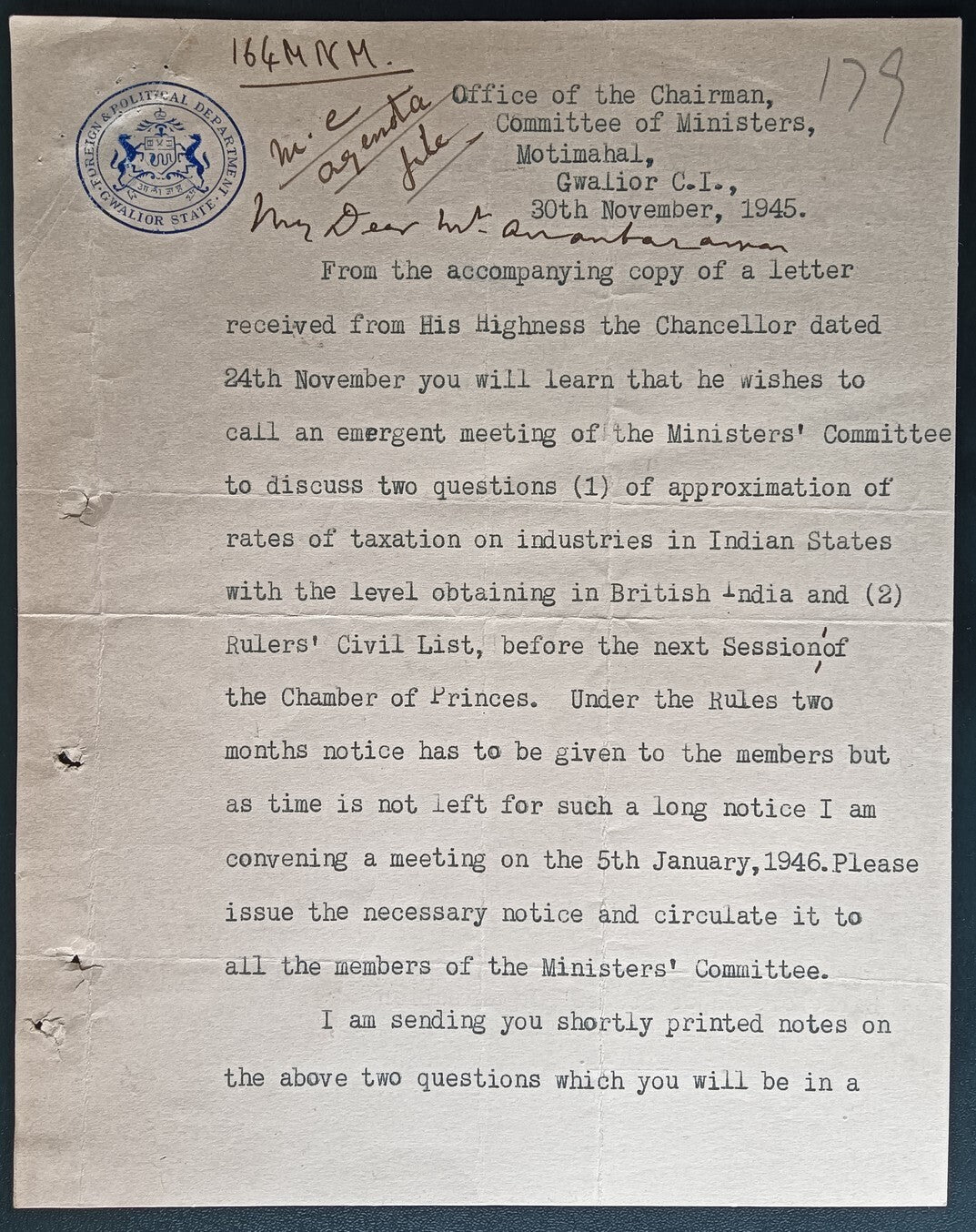 India 1945 crested letter FOREIGN & POLITICAL DEPARTMENT / GWALIOR