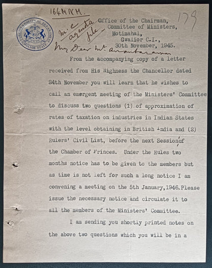 India 1945 crested letter FOREIGN & POLITICAL DEPARTMENT / GWALIOR