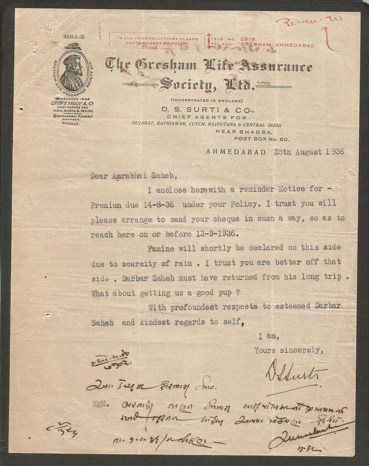 India 1936 illustrated letterhead GRESHAM LIFE ASSURANCE Ahmedabad