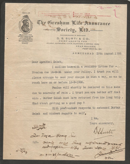 India 1936 illustrated letterhead GRESHAM LIFE ASSURANCE Ahmedabad
