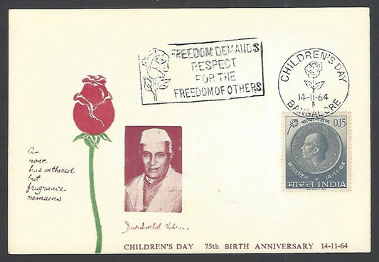 India 1964 Nehru maxi card FREEDOM DEMANDS RESPECT FOR THE FREEDOM OF OTHERS