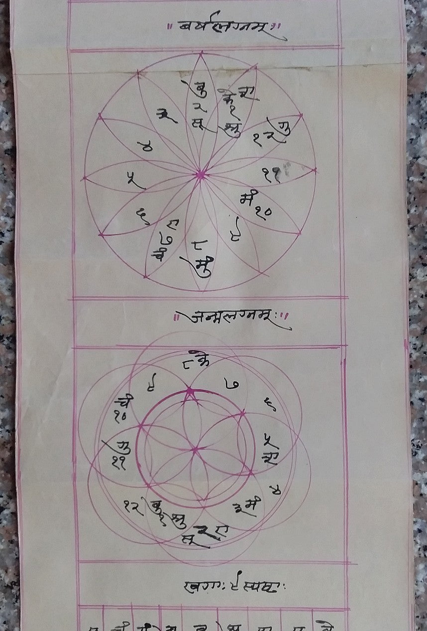 India vintage illustrated Hindu horoscope scroll 6 inches x 125 inches