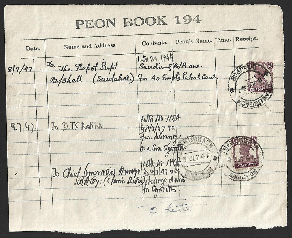 India KGVI 1/2a on PEON LIST canc THAKURGAON (Dinajpur) 9 JLY 47