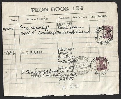 India KGVI 1/2a on PEON LIST canc THAKURGAON (Dinajpur) 9 JLY 47