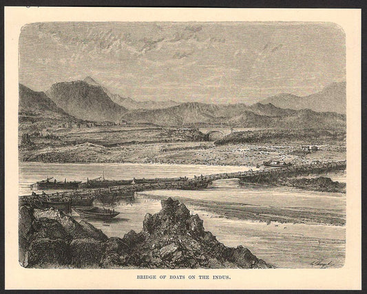 India BRIDGE OF BOATS ON THE INDUS engraved print ex Rousslet 1876 7"x5.5"
