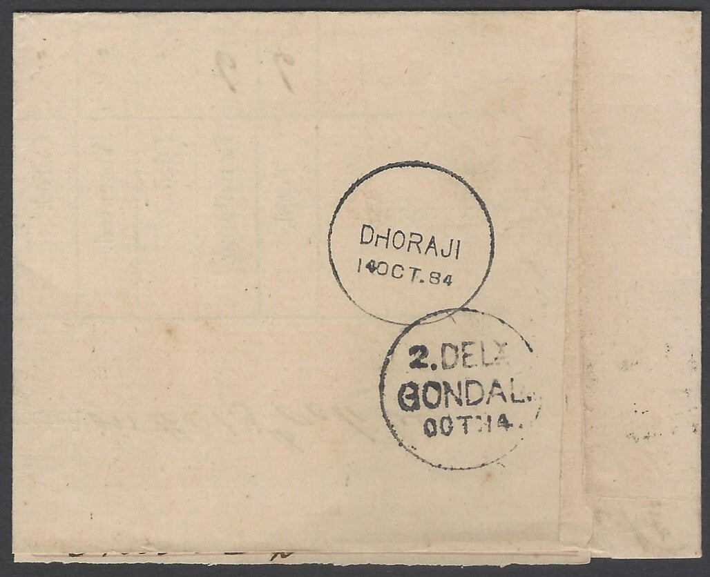 AOP India QV OHMS 1/2a blue canc Type 17b "3/B-21/3" MANEKVADI to Gondal