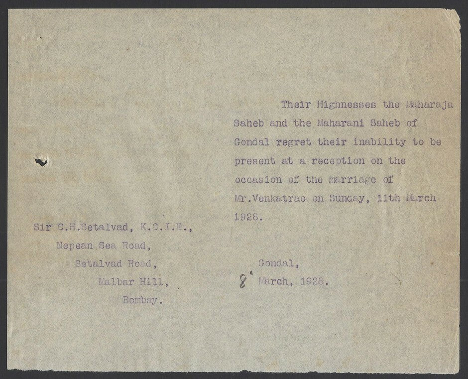 India 1928 marriage invitation card from Chimanlal Setalvad