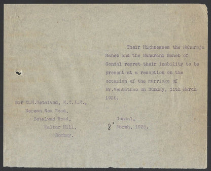 India 1928 marriage invitation card from Chimanlal Setalvad