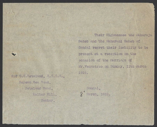 India 1928 marriage invitation card from Chimanlal Setalvad