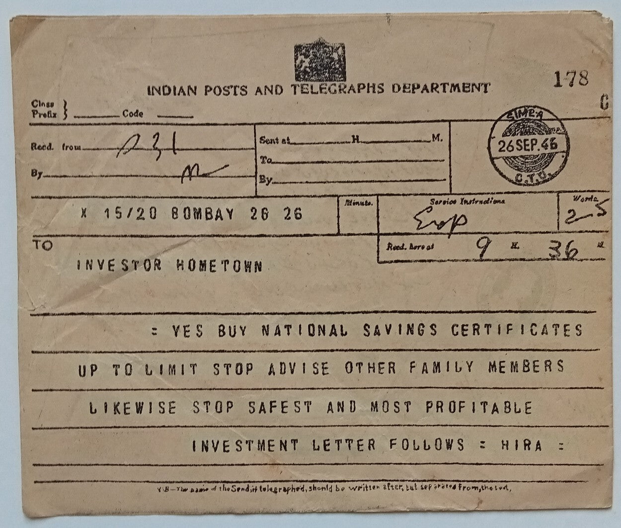 (AOP) India 1946 Facsimile Telegram wi advert for National Savings Certificates