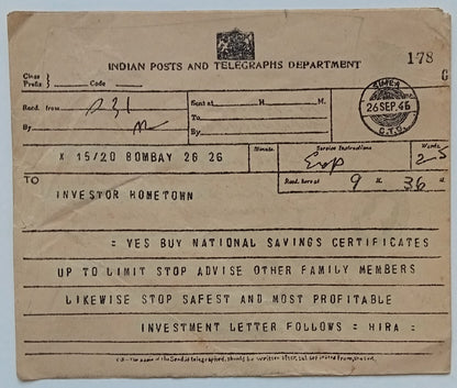 (AOP) India 1946 Facsimile Telegram wi advert for National Savings Certificates