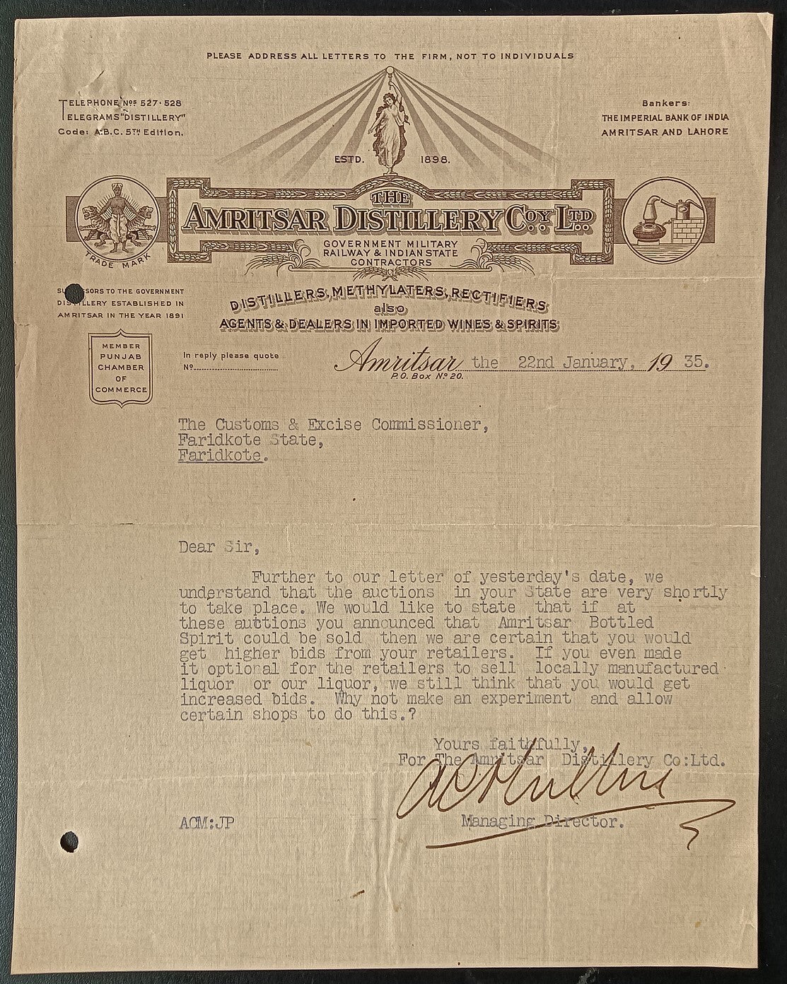 India 1935 THE AMRITSAR DISTILLERY CO. pictorial letter head to Lala Hargobind