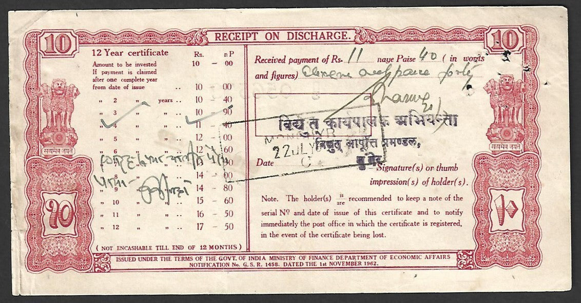 India 1960s TWELVE YEAR NATIONAL DEFENCE CERTIFICATE 10R